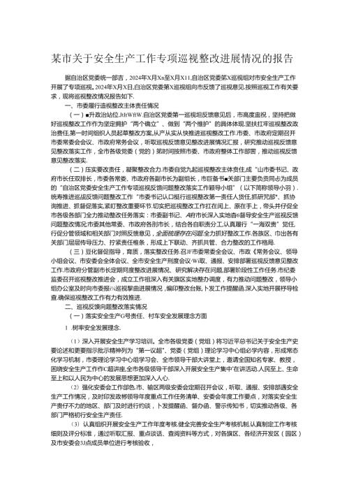 某市关于安全生产工作专项巡视整改进展情况的报告.docx