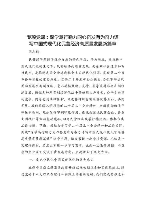 专题党课：深学笃行 勠力同心 奋发有为奋力谱写中国式现代化民营经济高质量发展新篇章.docx