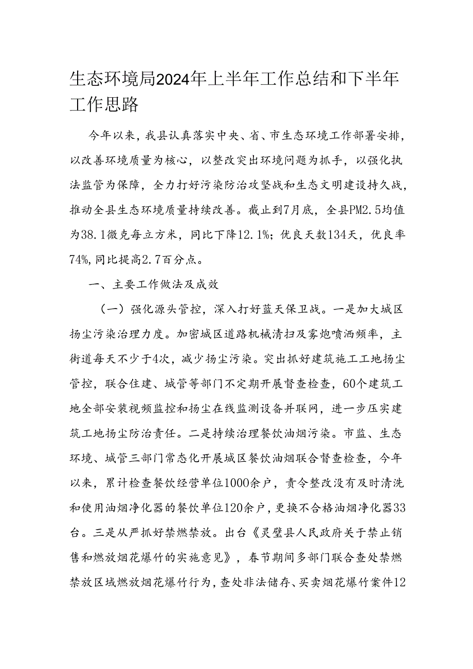 生态环境局2024年上半年工作总结和下半年工作思路.docx_第1页