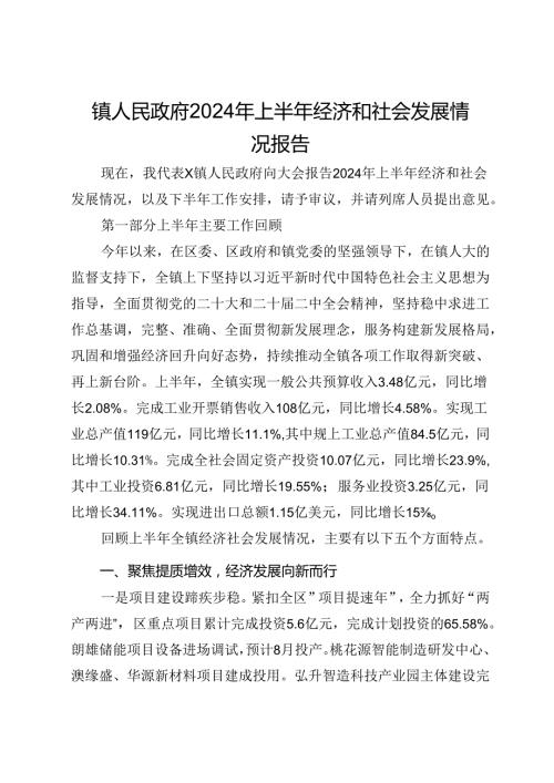 镇人民政府2024年上半年经济和社会发展情况报告(1).docx