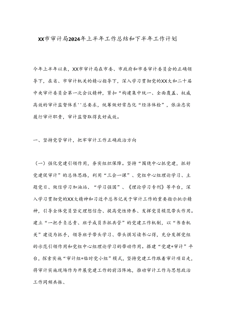 XX市审计局2024年上半年工作总结和下半年工作计划.docx_第1页