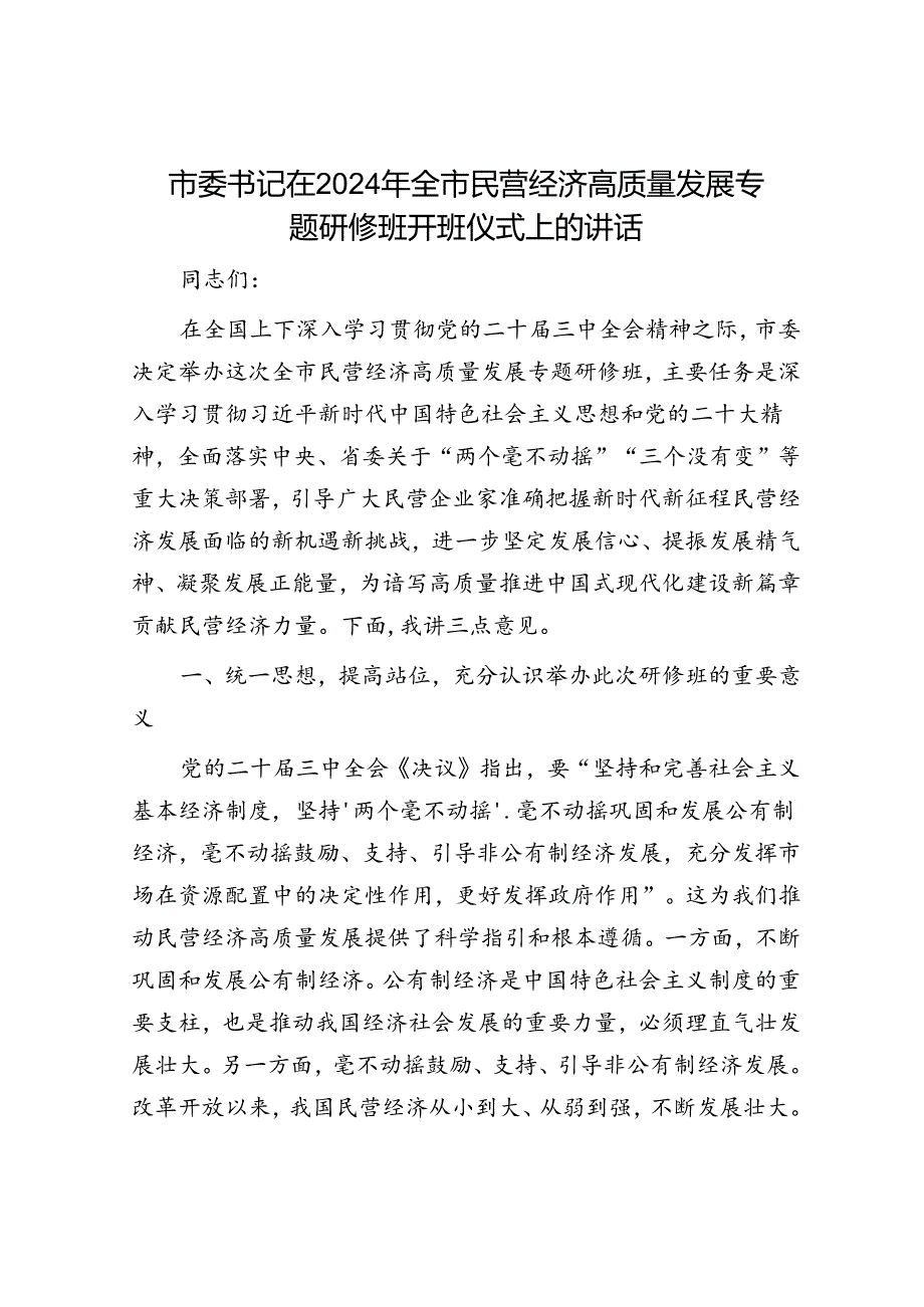 市委书记在2024年全市民营经济高质量发展专题研修班开班仪式上的讲话.docx_第1页