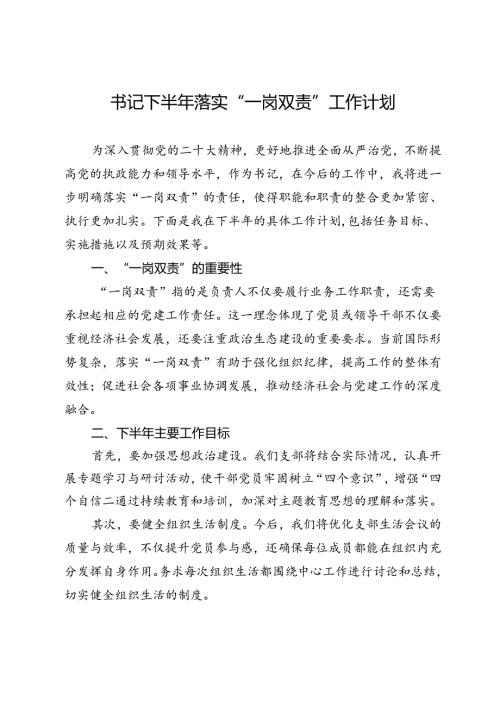 书记下半年落实“一岗双责”工作计划.docx