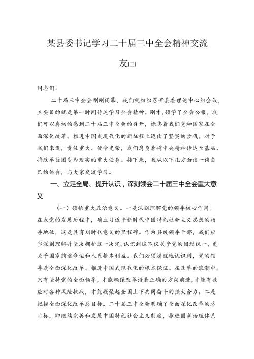 某县委书记学习二十三中全会精神交流发言(2).docx