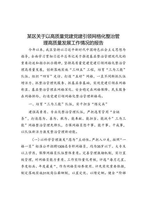 某区关于以高质量党建党建引领网格化治理高质量发展工作情况的报告.docx