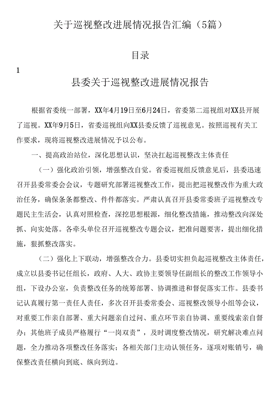 关于巡视整改进展情况报告汇编（5篇）.docx_第1页