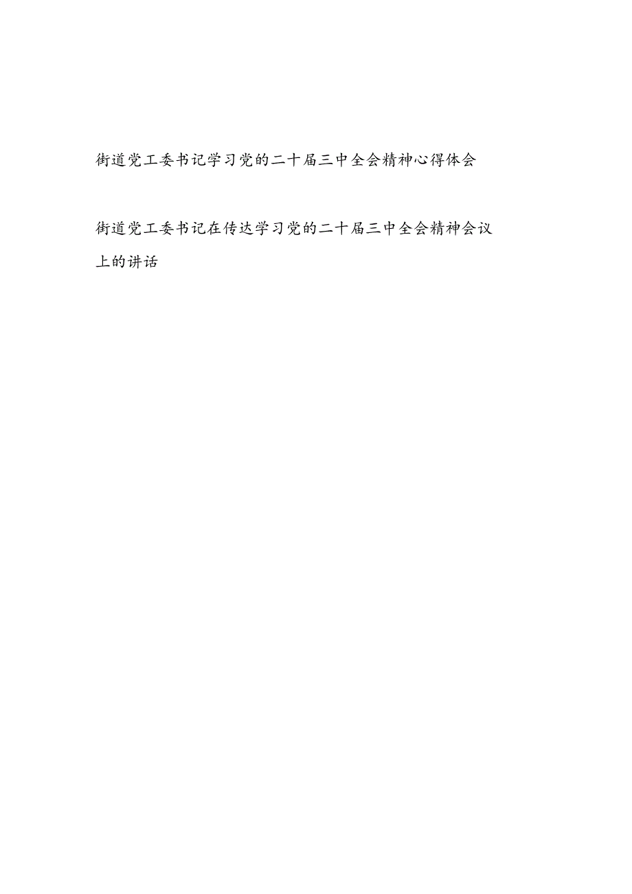 街道党工委书记学习党的二十三中全会精神心得体会和传达学习党的二十三中全会精神会议上的讲话.docx_第1页