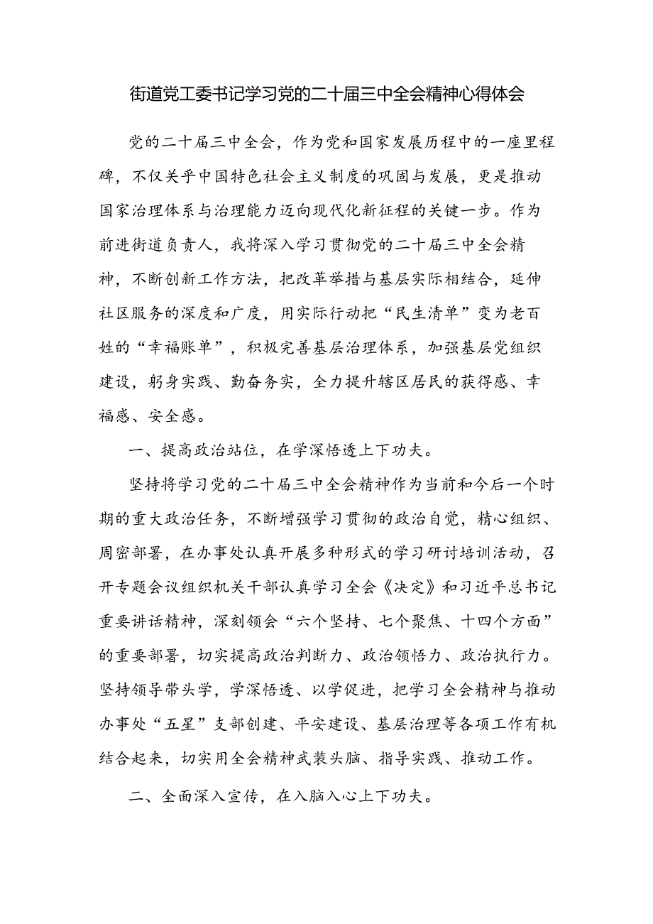 街道党工委书记学习党的二十三中全会精神心得体会和传达学习党的二十三中全会精神会议上的讲话.docx_第2页