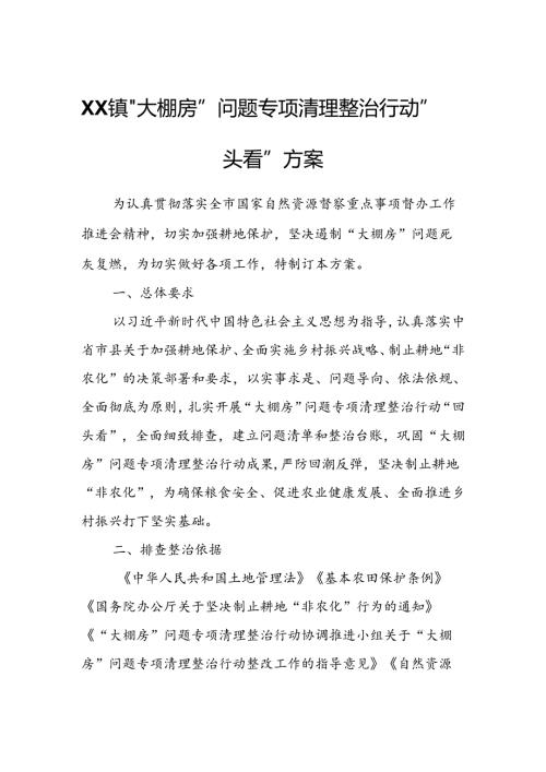 XX镇“大棚房”问题专项清理整治行动“回头看”方案.docx