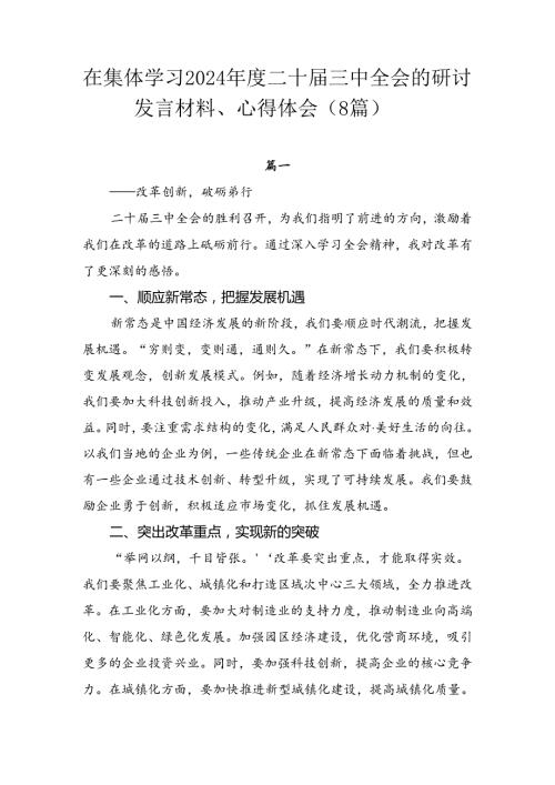 在集体学习2024二十三中全会的研讨发言材料、心得体会（8篇）.docx