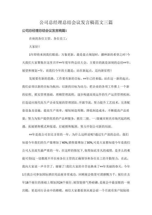 公司总经理总结会议发言稿范文三篇.docx