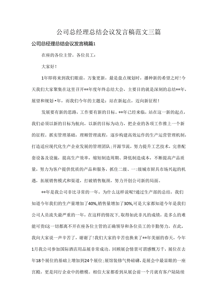 公司总经理总结会议发言稿范文三篇.docx_第1页