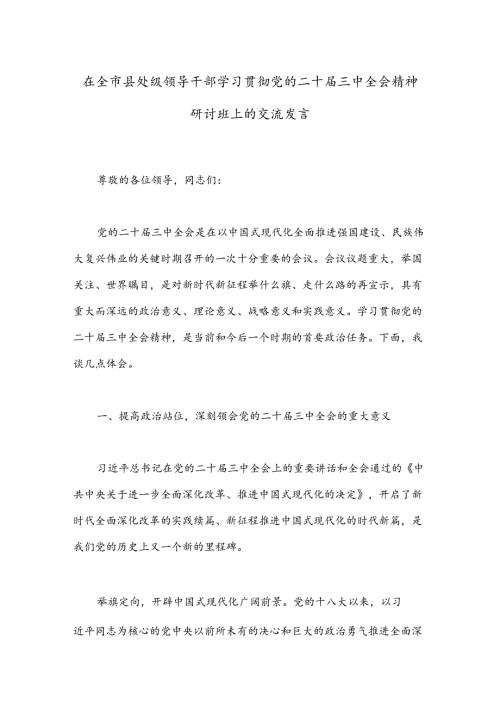 在全市县处级领导干部学习贯彻党的二十三中全会精神研讨班上的交流发言.docx