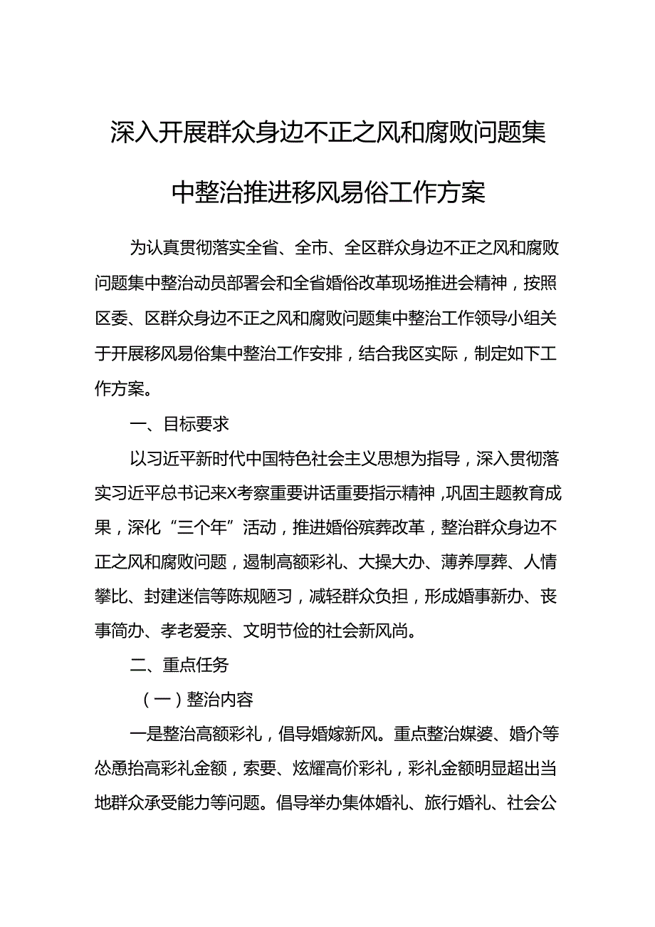 深入开展群众身边不正之风和腐败问题集中整治推进移风易俗工作方案.docx_第1页