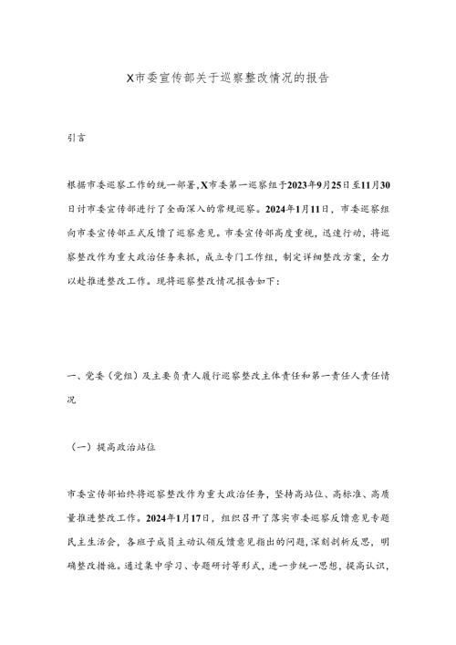 X市委宣传部关于巡察整改情况的报告.docx