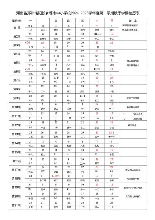 河南省郑州洛阳新乡南阳开封驻马店商丘信阳许昌周口漯河濮阳三门峡鹤壁焦作平顶山安阳市中小学校20242025学第一学期季学期校历表教育教学工作日历表.docx