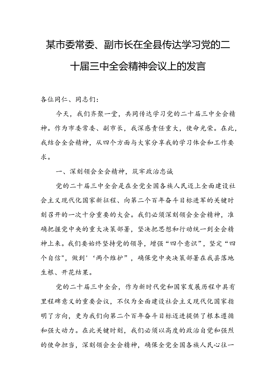 某市委常委、副市长在全县传达学习党的二十三中全会精神会议上的发言.docx_第1页