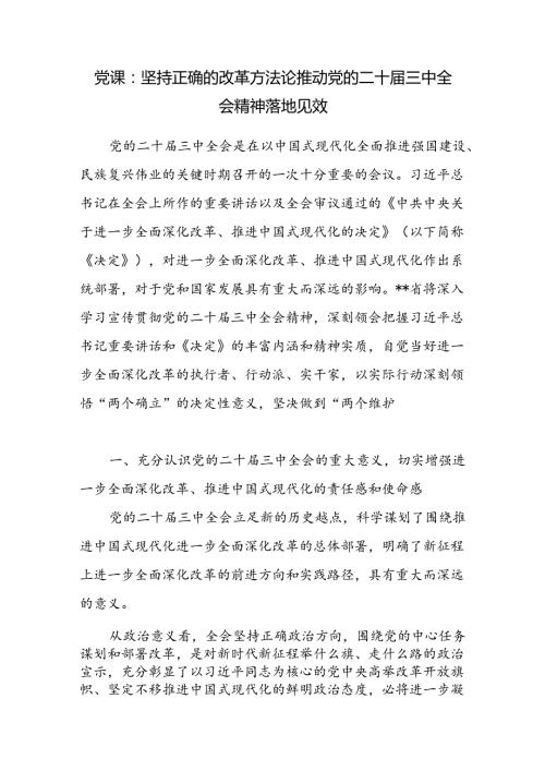 学习党的二十三中全会精神坚持正确的改革方法论专题党课讲稿.docx