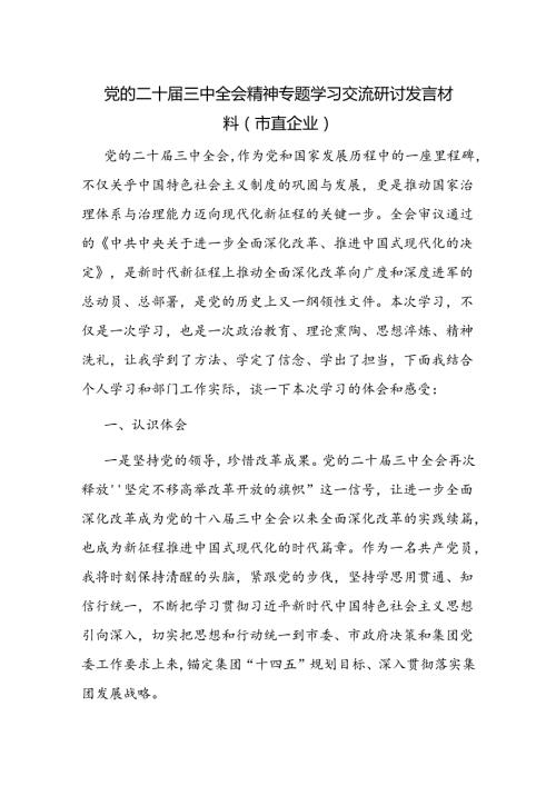 市直国有企业党的二十三中全会精神专题学习交流研讨发言材料.docx