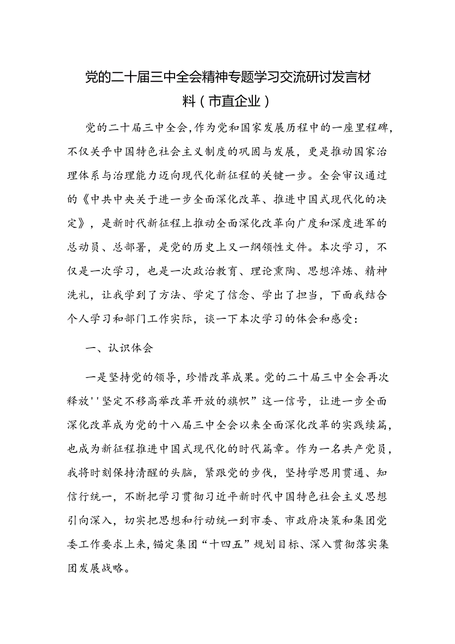 市直国有企业党的二十三中全会精神专题学习交流研讨发言材料.docx_第1页