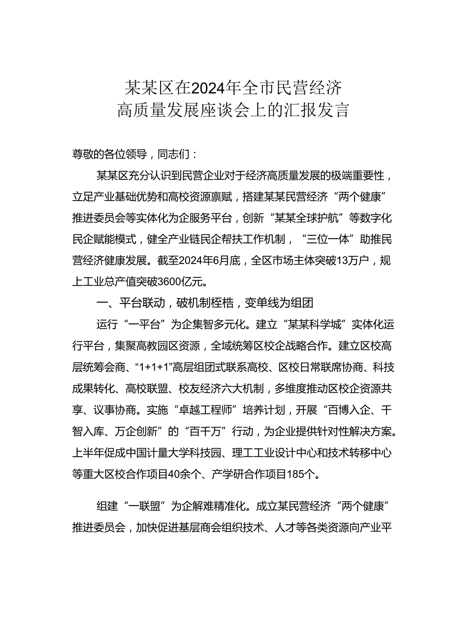 某某区在2024年全市民营经济高质量发展座谈会上的汇报发言.docx_第1页