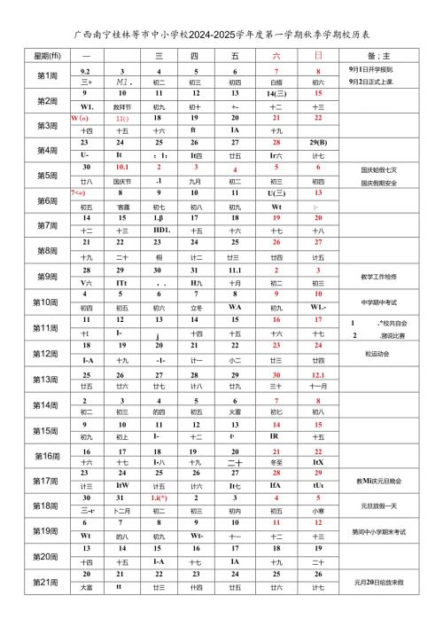广西南宁崇左柳州来宾桂林梧州贺州玉林贵港百色钦州河池北海防城港市市中小学校20242025学第一学期季学期校历表教育教学工作日历表.docx
