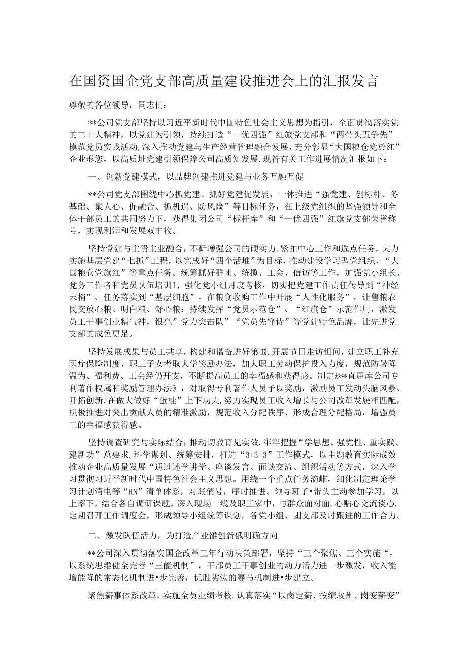 在国资国企党支部高质量建设推进会上的汇报发言.docx_第1页