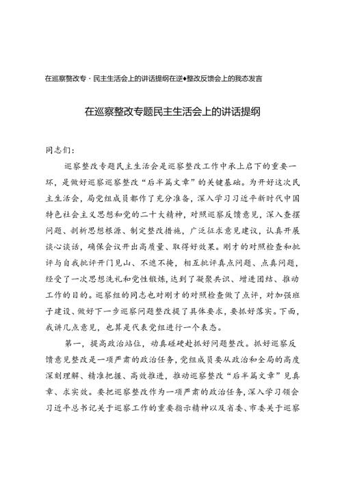 在巡察整改专题民主生活会上的讲话提纲+在巡察整改反馈会上的表态发言.docx