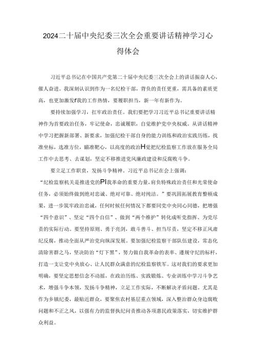 二十中央纪委三次全会重要讲话精神学习心得体会九篇.docx