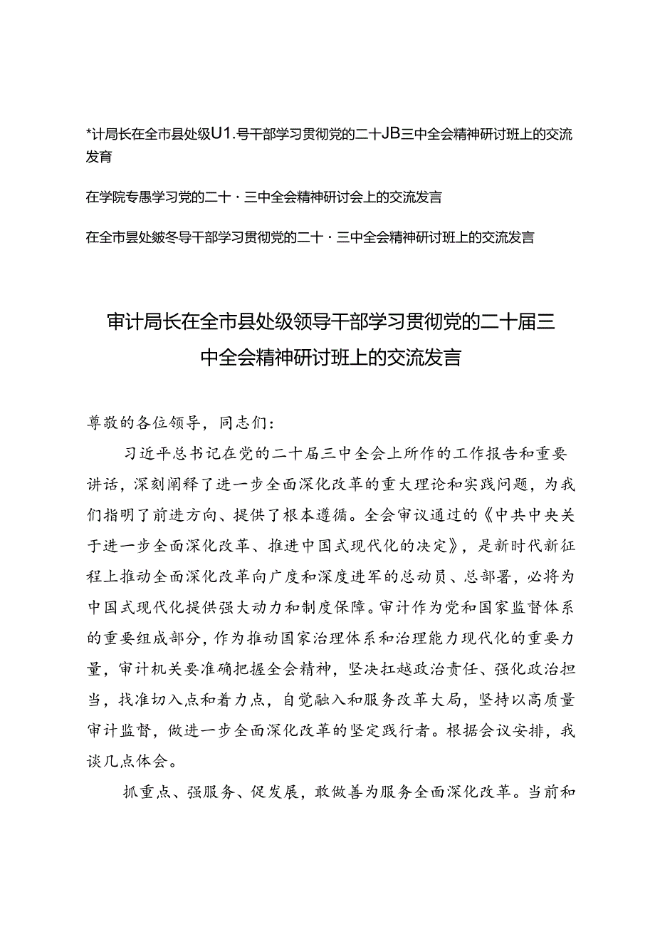 县处级领导干部、审计局长、学院领导干部在全市县处级领导干部学习贯彻党的二十三中全会精神研讨班上的交流发言.docx_第1页