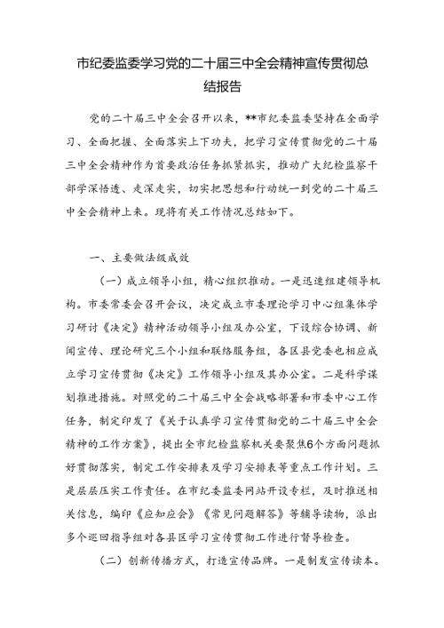 市纪委监委学习党的二十三中全会精神宣传贯彻总结报告.docx