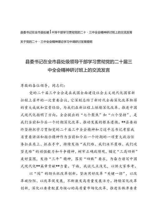 2024年县委书记在全市县处级领导干部学习贯彻党的二十三中全会精神研讨班上的交流发言提纲.docx