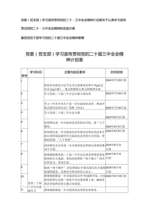 3篇 2024年党委(党支部)学习宣传贯彻党的二十三中全会精神计划表（附实施方案、心得体会）.docx