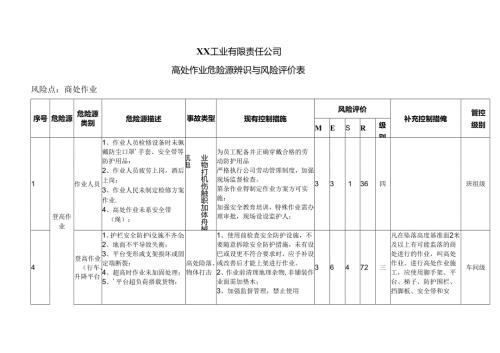 XX工业有限责任公司员高处作业危险源辨识与风险评价表（2024年）.docx
