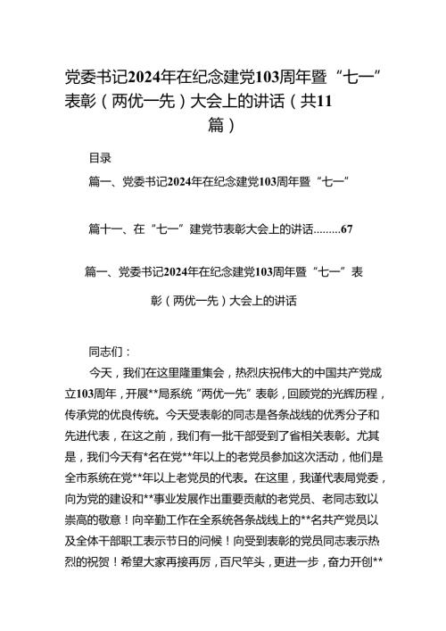 （11篇）党委书记2024年在纪念建党103周年暨“七一”表彰（两优一先）大会上的讲话（精选）.docx