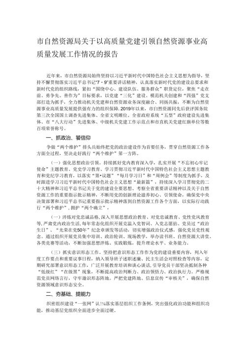市自然资源局关于以高质量党建引领自然资源事业高质量发展工作情况的报告.docx