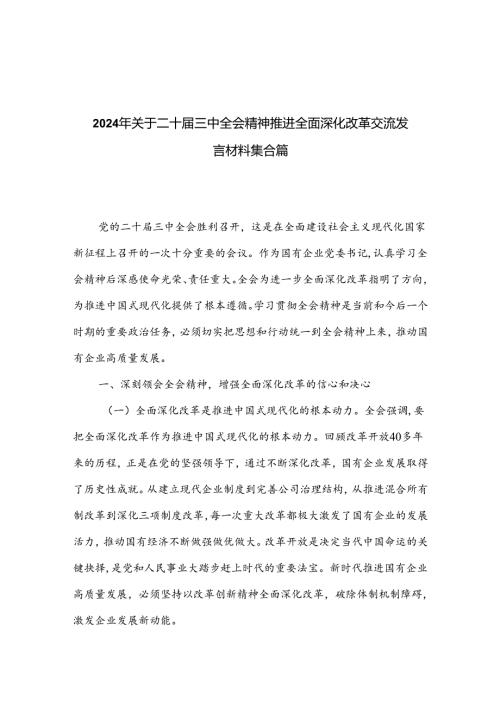 2024年关于二十三中全会精神推进全面深化改革交流发言材料集合篇.docx
