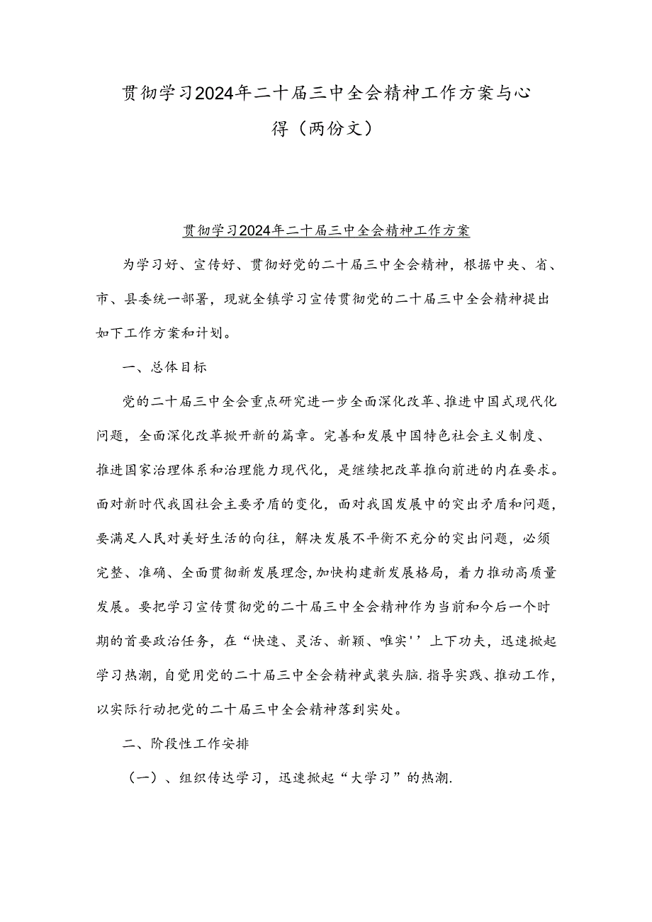 贯彻学习2024年二十三中全会精神工作方案与心得（两份文）.docx_第1页