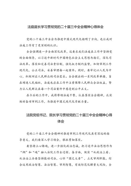 法庭庭长学习贯彻党的二十三中全会精神心得体会范文8篇（精选版）.docx