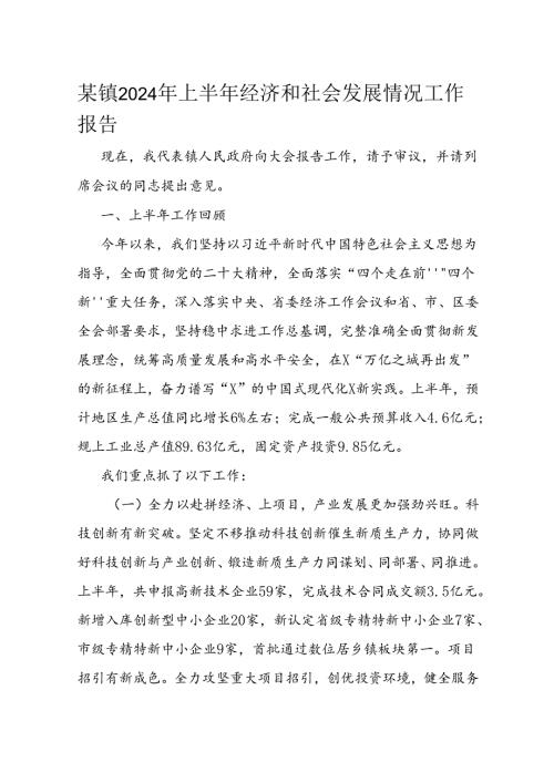 某镇2024年上半年经济和社会发展情况工作报告.docx