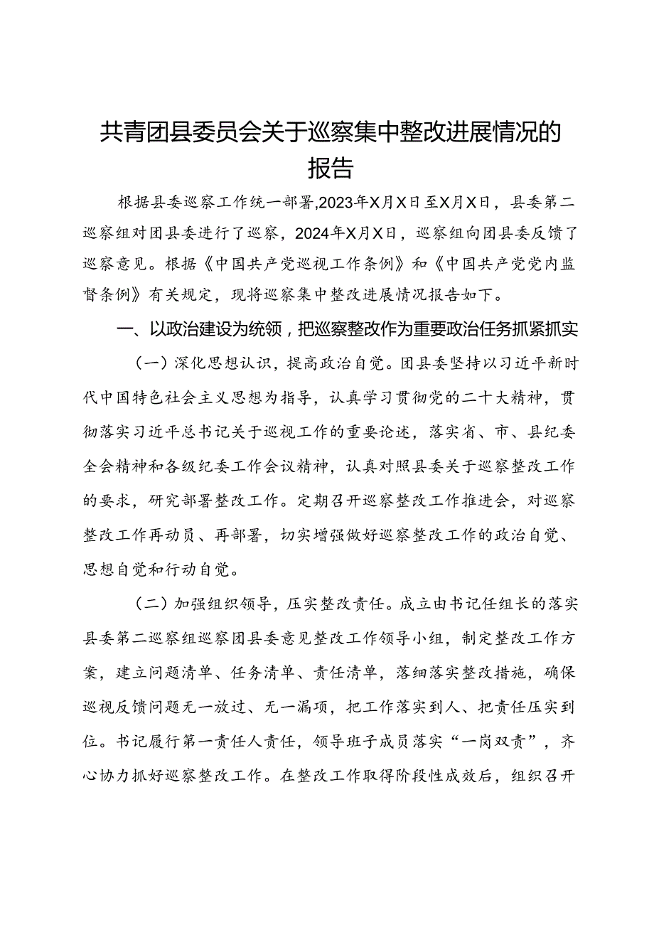 共青团县委员会关于巡察集中整改进展情况的报告(1).docx_第1页