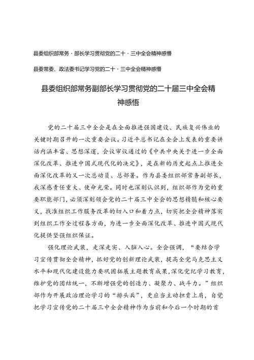 县委组织部常务副部长、县委常委、政法委书记学习贯彻党的二十三中全会精神感悟心得体会.docx