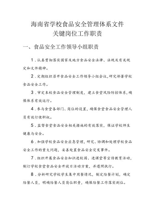 海南省学校食品安全管理体系文件关键岗位工作职责模板.docx