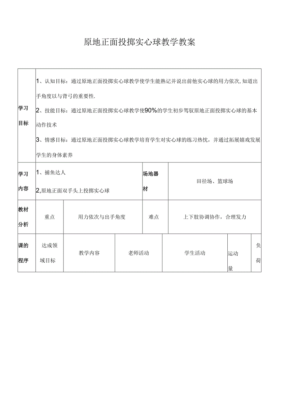 原地投掷实心球教学教案.docx_第1页