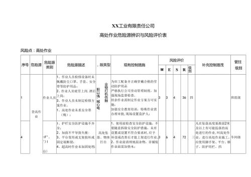 XX工业有限责任公司高处作业危险源辨识与风险评价表（2024年）.docx