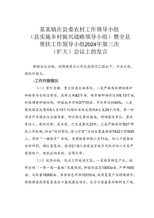 某某镇在县委农村工作领导小组（县实施乡村振兴战略领导小组）暨全县帮扶工作领导小组2024年第三次（扩大）会议上的发言.docx