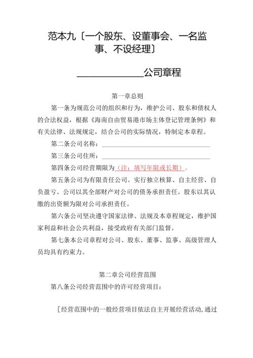 有限责任公司章程范本九：一个股东、设董事会、一名监事、不设经理2024模板.docx