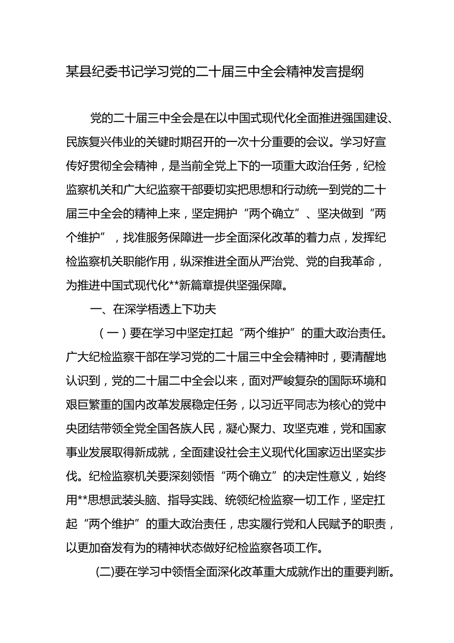 县区纪委书记2024年学习贯彻党的二十三中全会精神研讨发言提纲心得体会.docx_第1页