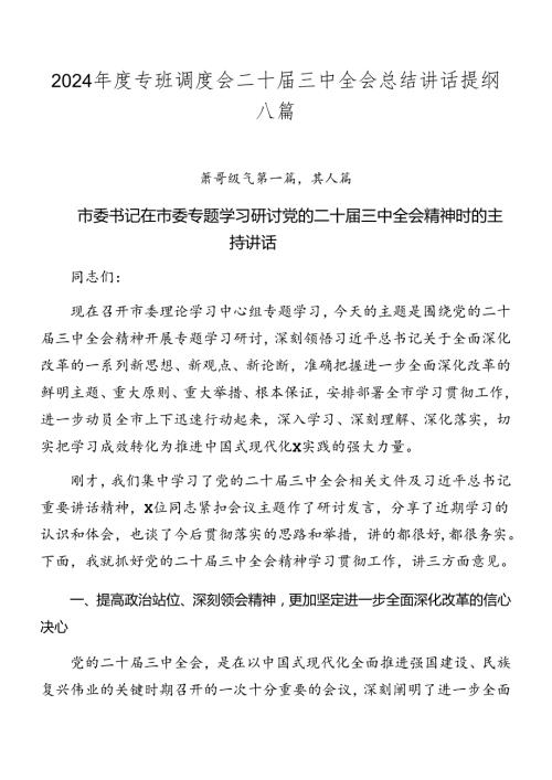 2024专班调度会二十三中全会总结讲话提纲八篇.docx