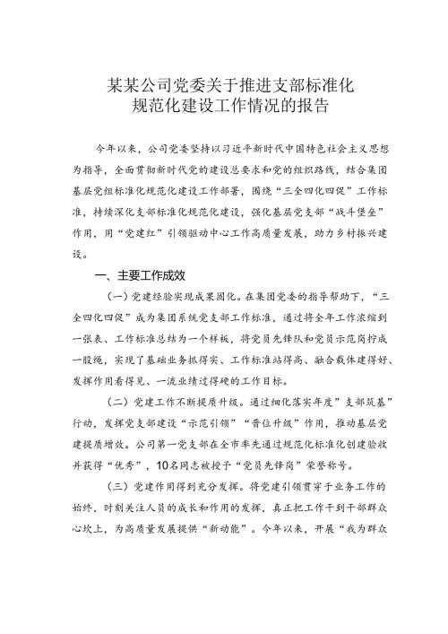 某某公司党委关于推进支部标准化规范化建设工作情况的报告.docx